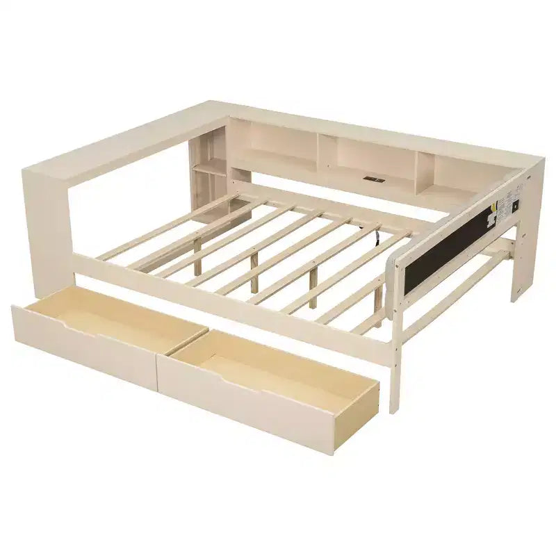 Lit double plateforme en bois avec étagères de rangement, tiroirs, station de recharge et tête de lit rembourrée