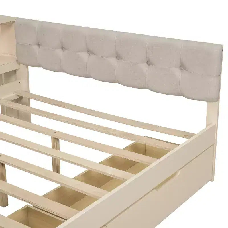 Lit double plateforme en bois avec étagères de rangement, tiroirs, station de recharge et tête de lit rembourrée