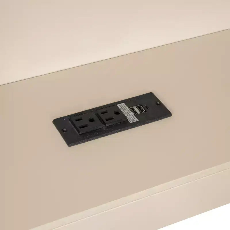 Lit double plateforme en bois avec étagères de rangement, tiroirs, station de recharge et tête de lit rembourrée