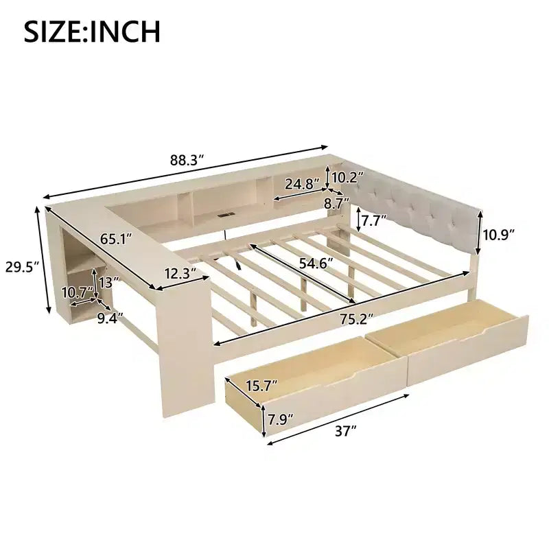 Lit double plateforme en bois avec étagères de rangement, tiroirs, station de recharge et tête de lit rembourrée