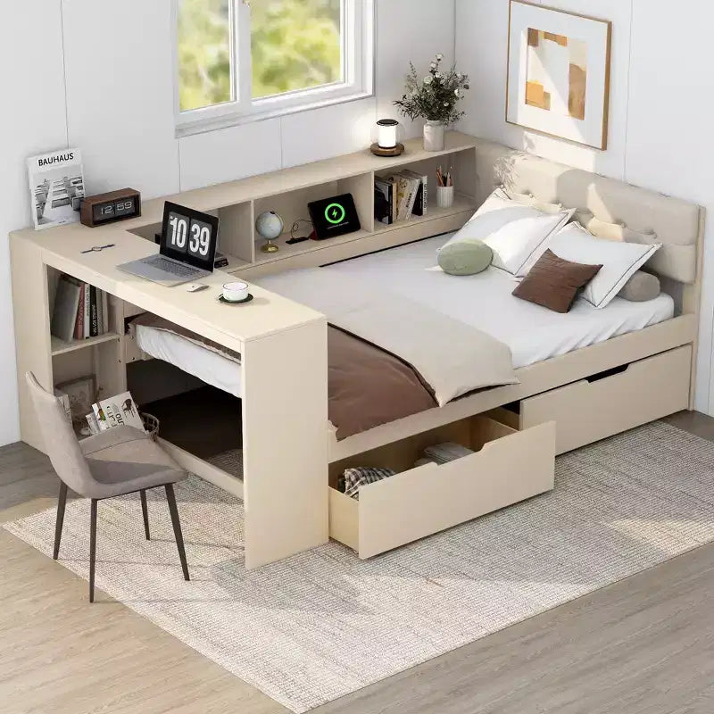 Clihome Wood Full Size Platform Bed with Storage Shelves, Drawers, Charging Station and Upholstered Headboard