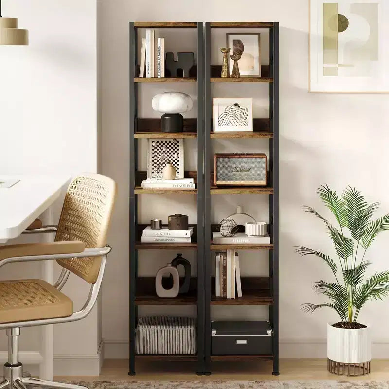 COZONY Bibliothèque Étroite à 6 Niveaux 66, Étagère d'Angle en L, avec Cadre Métallique pour Petits Espaces