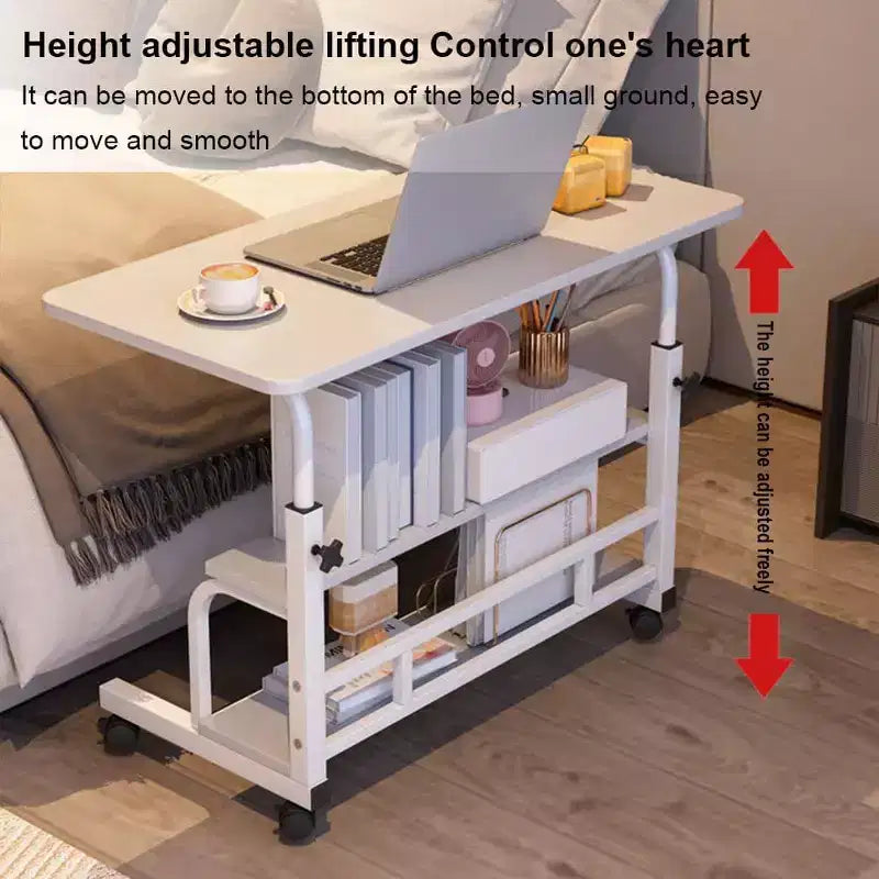 Bureau Roulant Portable sur Roues, Hauteur Réglable, Petite Table d'Ordinateur Mobile avec Étagères de Rangement pour Bureau à Domicile