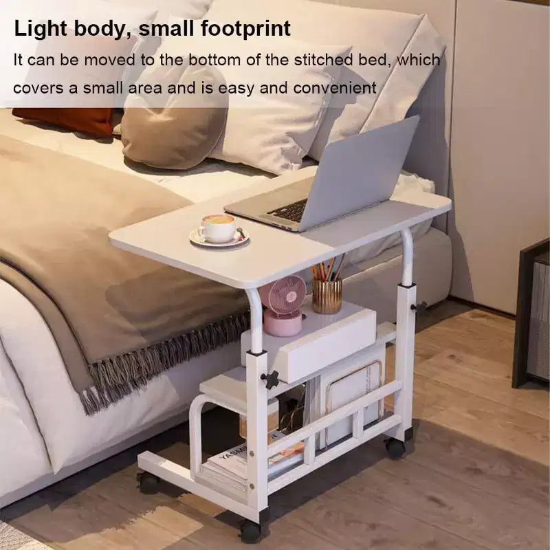 Bureau Roulant Portable sur Roues, Hauteur Réglable, Petite Table d'Ordinateur Mobile avec Étagères de Rangement pour Bureau à Domicile
