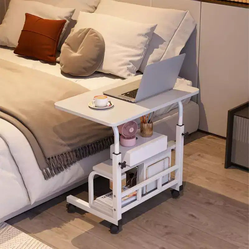 Bureau Roulant Portable sur Roues, Hauteur Réglable, Petite Table d'Ordinateur Mobile avec Étagères de Rangement pour Bureau à Domicile