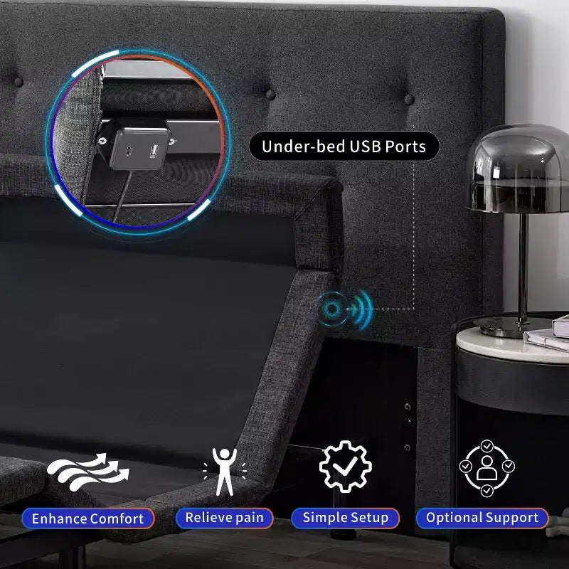 Sommier articulé, cadre de lit réglable avec inclinaison de l'oreiller, commande intelligente par application, massage, zéro gravité, anti-ronflement, ports USB