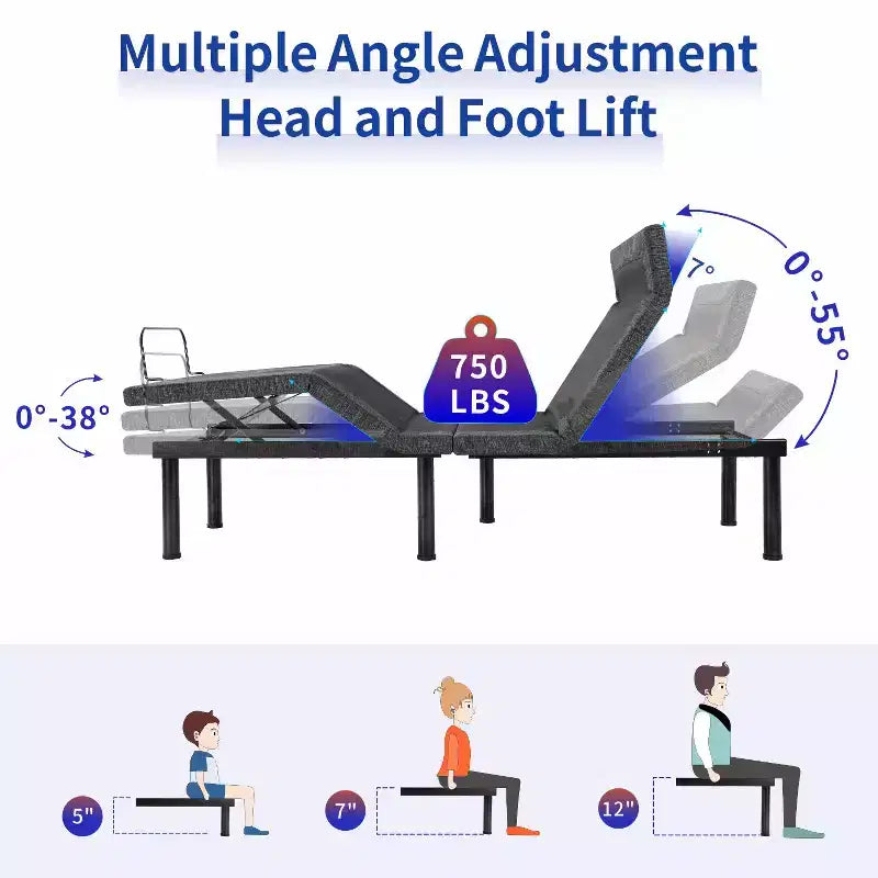 Sommier articulé, cadre de lit réglable avec inclinaison de l'oreiller, commande intelligente par application, massage, zéro gravité, anti-ronflement, ports USB