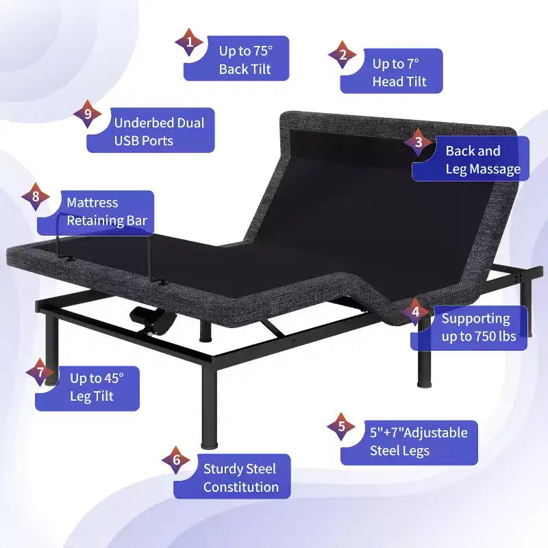 Sommier articulé, cadre de lit réglable avec inclinaison de l'oreiller, commande intelligente par application, massage, zéro gravité, anti-ronflement, ports USB
