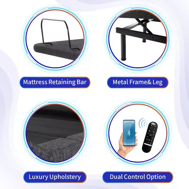 Sommier articulé, cadre de lit réglable avec inclinaison de l'oreiller, commande intelligente par application, massage, zéro gravité, anti-ronflement, ports USB