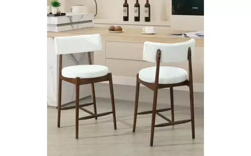 Tabourets de bar à hauteur de comptoir en bois d'hévéa rembourrés de chenille, style Mid-Century Modern, beige/noyer