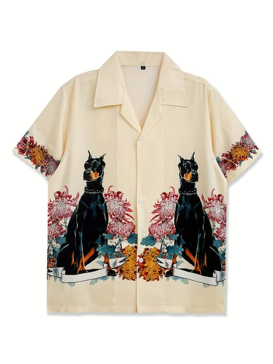 Men's Trendy Lapel Collar Graphic Shirt With Stylish Dog And Floral Print For Summer Vacation And Casual Wear