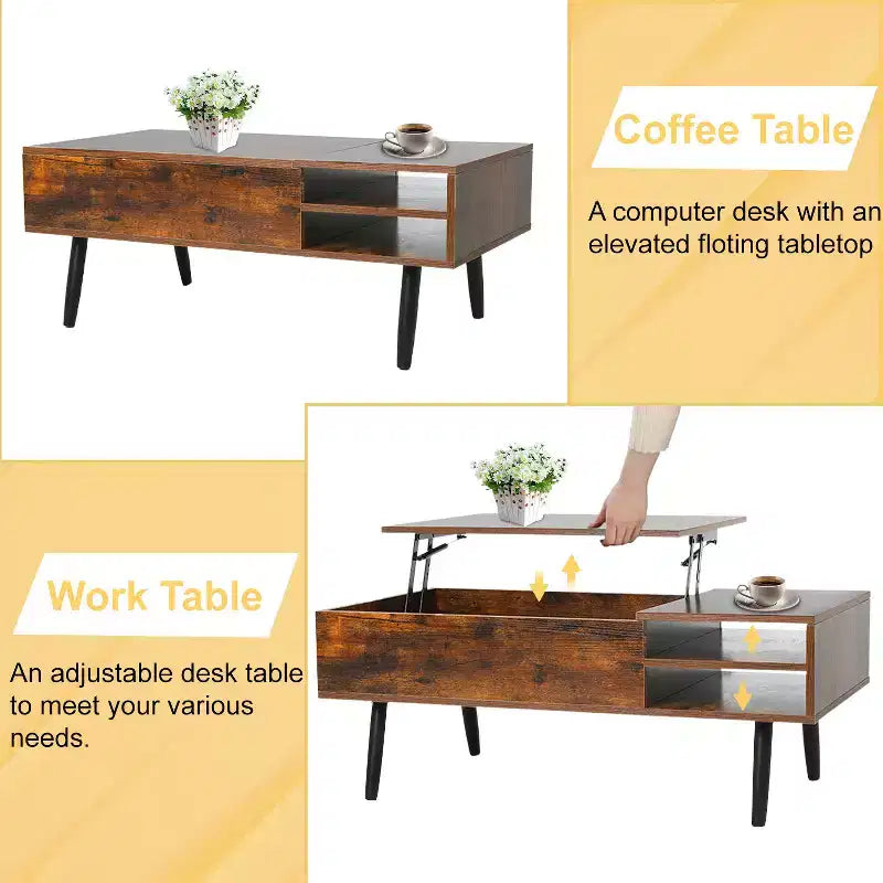 Table basse moderne et minimaliste avec plateau relevable, rangement dissimulé et étagères ouvertes, table centrale parfaite
