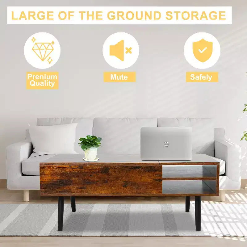 Table basse moderne et minimaliste avec plateau relevable, rangement dissimulé et étagères ouvertes, table centrale parfaite
