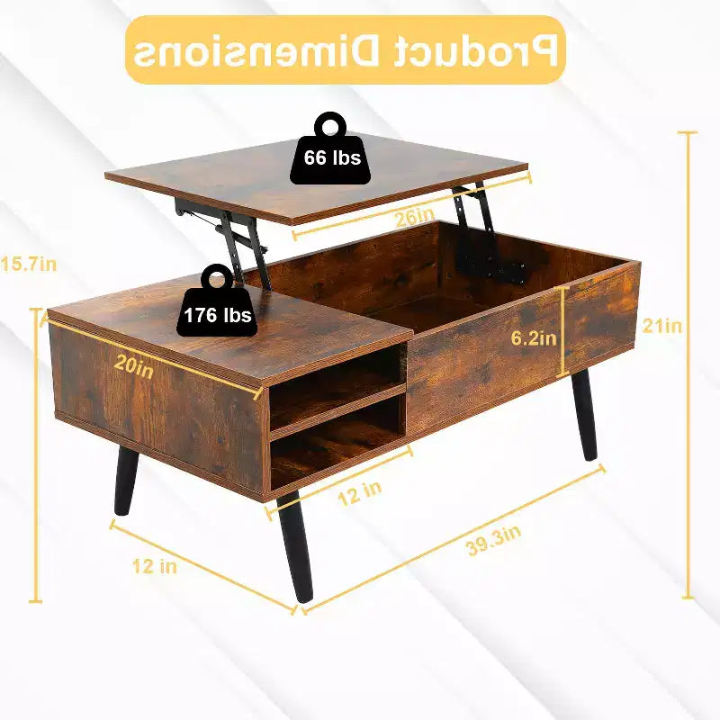 Table basse moderne et minimaliste avec plateau relevable, rangement dissimulé et étagères ouvertes, table centrale parfaite