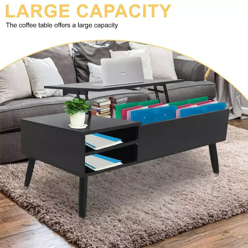 Table basse moderne et minimaliste avec plateau relevable, rangement dissimulé et étagères ouvertes, table centrale parfaite