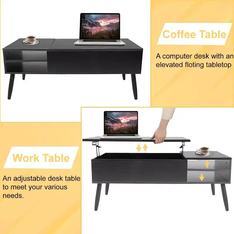 Table basse moderne et minimaliste avec plateau relevable, rangement dissimulé et étagères ouvertes, table centrale parfaite