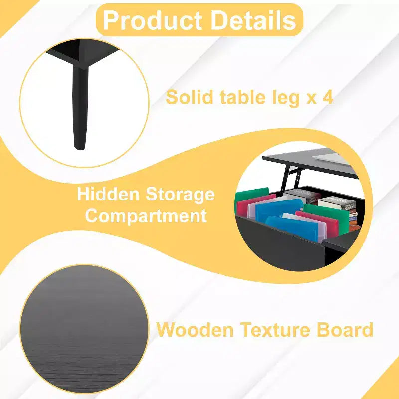 Table basse moderne et minimaliste avec plateau relevable, rangement dissimulé et étagères ouvertes, table centrale parfaite