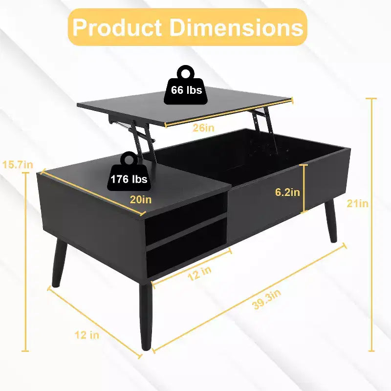 Table basse moderne et minimaliste avec plateau relevable, rangement dissimulé et étagères ouvertes, table centrale parfaite