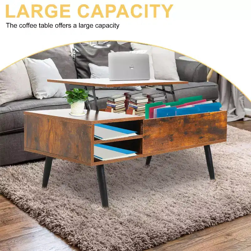 Table basse moderne et minimaliste avec plateau relevable, rangement dissimulé et étagères ouvertes, table centrale parfaite
