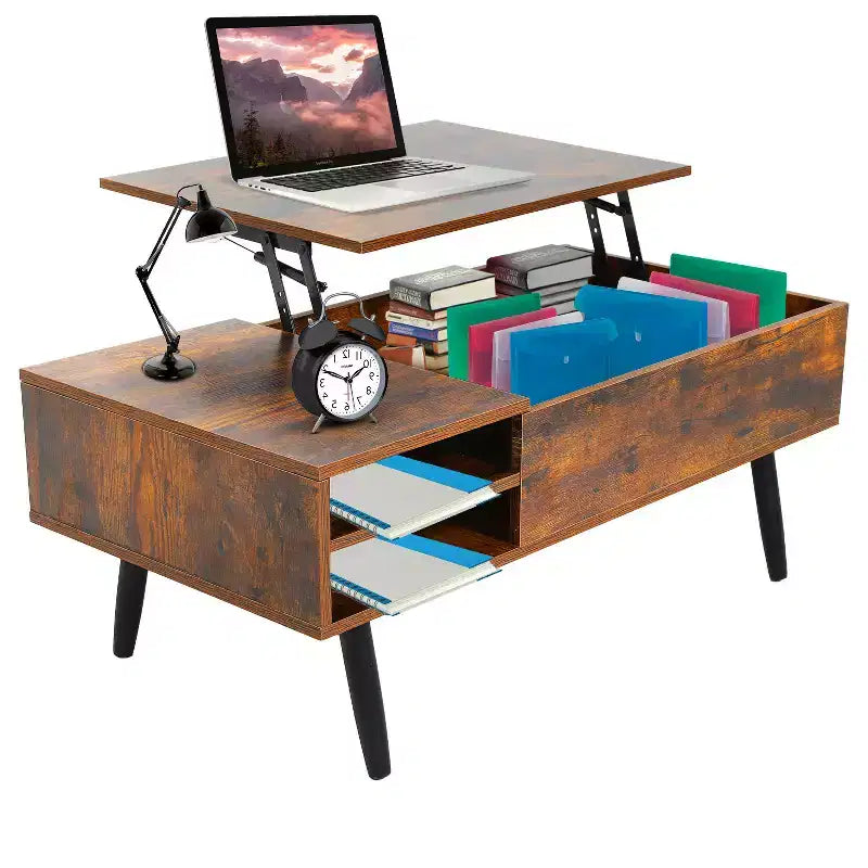 Table basse moderne et minimaliste avec plateau relevable, rangement dissimulé et étagères ouvertes, table centrale parfaite