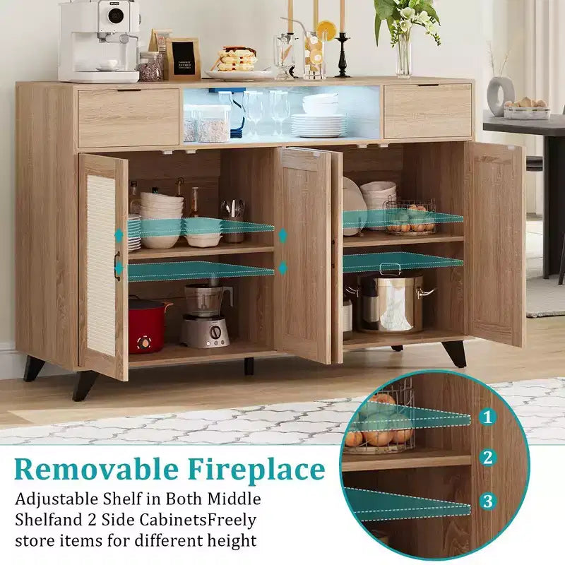 Bahut de buffet, meuble de rangement d'appoint à 4 portes en rotin et 2 tiroirs, console de bar à café avec prise de courant et lumière LED