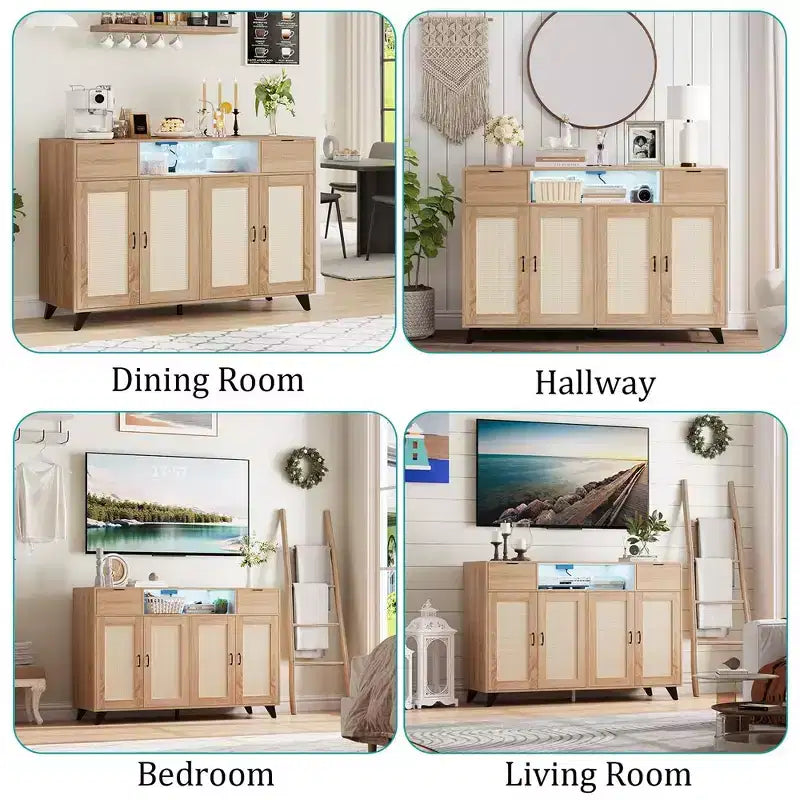 Bahut de buffet, meuble de rangement d'appoint à 4 portes en rotin et 2 tiroirs, console de bar à café avec prise de courant et lumière LED