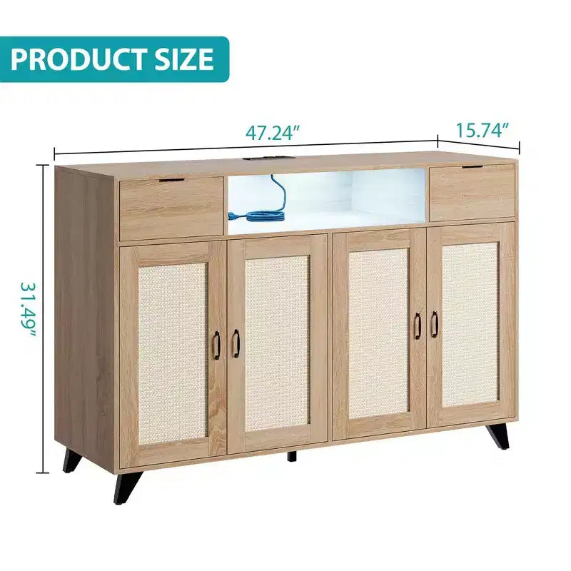 Bahut de buffet, meuble de rangement d'appoint à 4 portes en rotin et 2 tiroirs, console de bar à café avec prise de courant et lumière LED