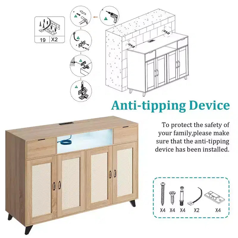 Bahut de buffet, meuble de rangement d'appoint à 4 portes en rotin et 2 tiroirs, console de bar à café avec prise de courant et lumière LED