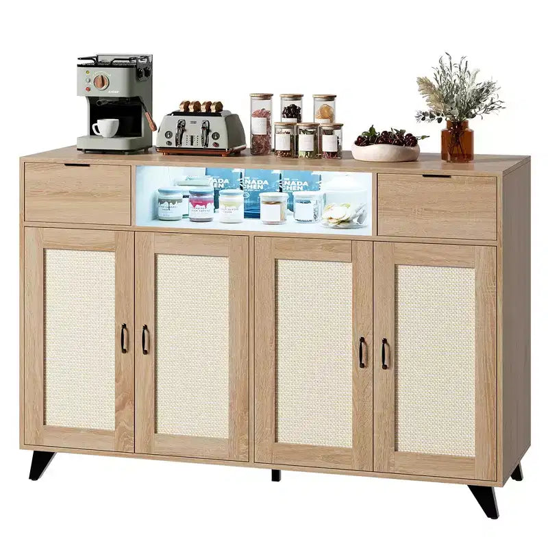 Bahut de buffet, meuble de rangement d'appoint à 4 portes en rotin et 2 tiroirs, console de bar à café avec prise de courant et lumière LED