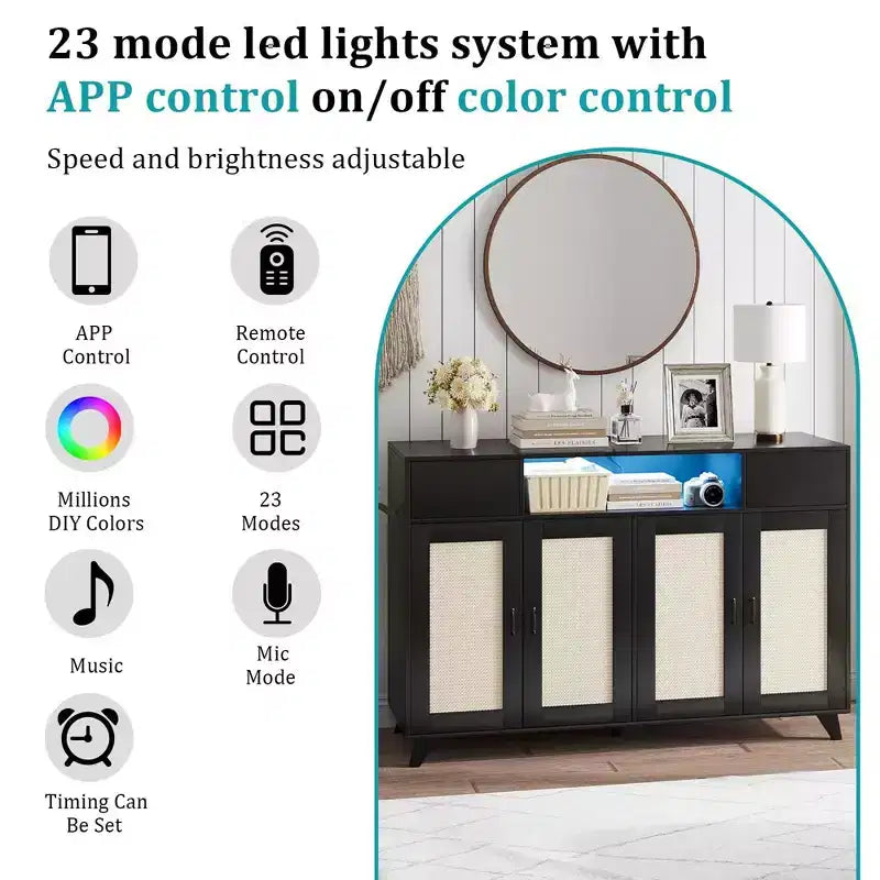 Bahut de buffet, meuble de rangement d'appoint à 4 portes en rotin et 2 tiroirs, console de bar à café avec prise de courant et lumière LED