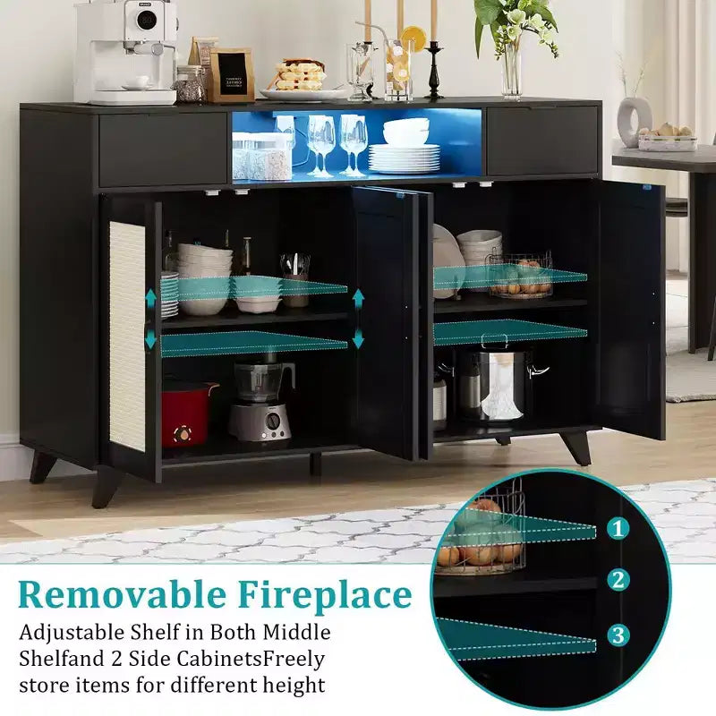 Bahut de buffet, meuble de rangement d'appoint à 4 portes en rotin et 2 tiroirs, console de bar à café avec prise de courant et lumière LED