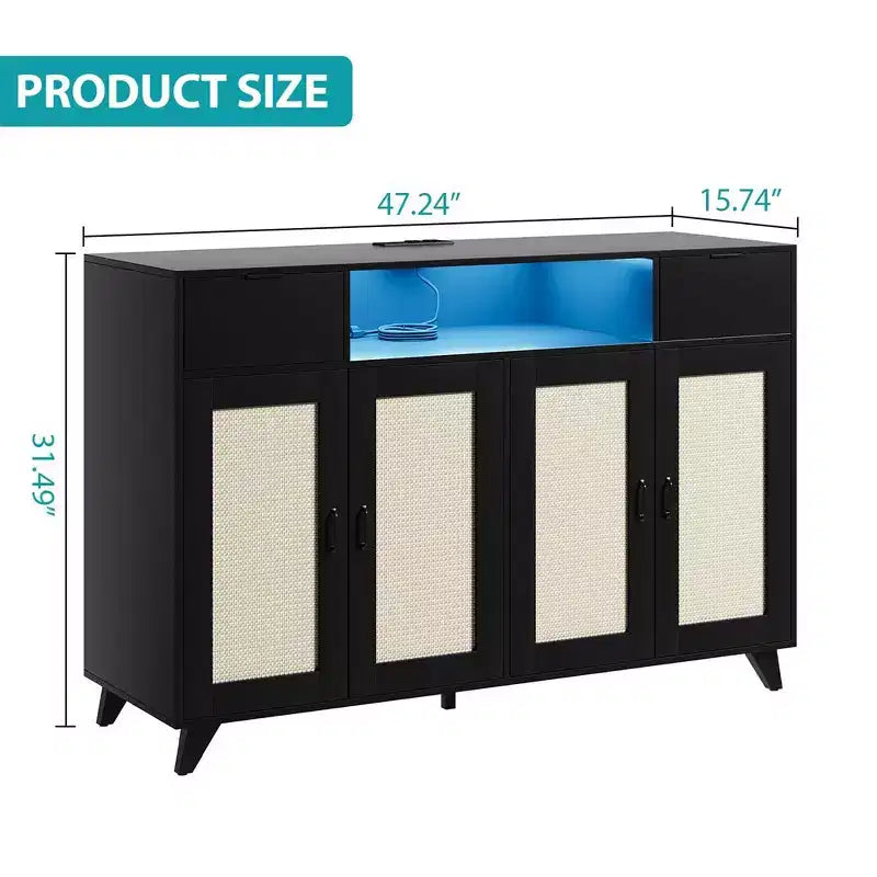 Bahut de buffet, meuble de rangement d'appoint à 4 portes en rotin et 2 tiroirs, console de bar à café avec prise de courant et lumière LED