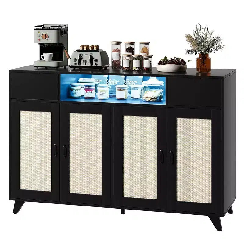 Bahut de buffet, meuble de rangement d'appoint à 4 portes en rotin et 2 tiroirs, console de bar à café avec prise de courant et lumière LED