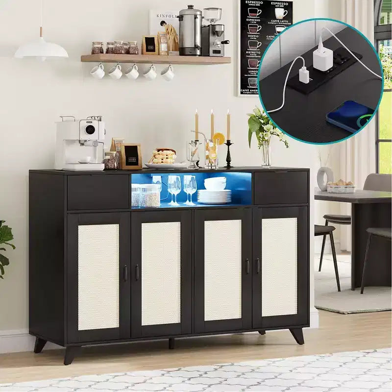 Sideboard Buffet Cabinet, 4 Rattan Doors 2 Drawers Accent Storage Cabinet, Console Table Coffee Bar w/Power Outlet &amp; LED Light