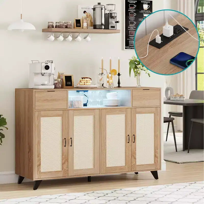 Bahut de buffet, meuble de rangement d'appoint à 4 portes en rotin et 2 tiroirs, console de bar à café avec prise de courant et lumière LED