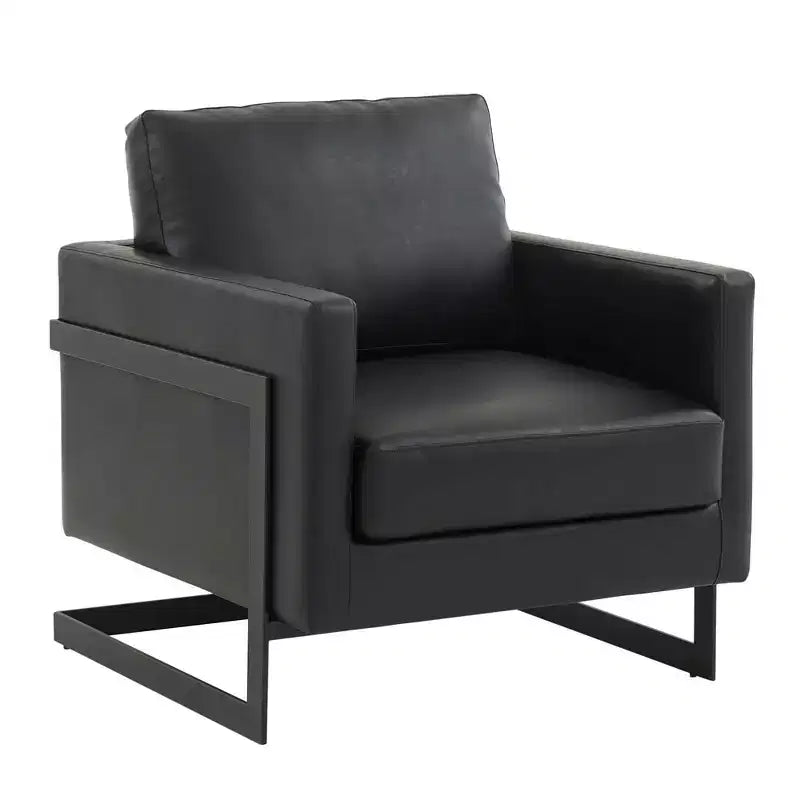 LeisureMod Lincoln PU Leather Accent Chair  Modern Upholstered Seat with Black Steel Frame, Comfortable Armchair for Living Room, Bedroom, Office