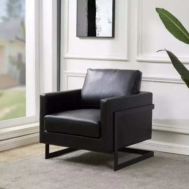 Fauteuil en cuir Moderne rembourré avec cadre en acier noir, Fauteuil confortable pour salon, chambre, bureau