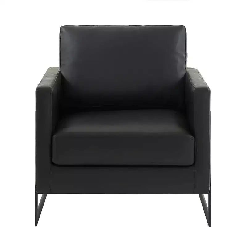 Fauteuil en cuir Moderne rembourré avec cadre en acier noir, Fauteuil confortable pour salon, chambre, bureau