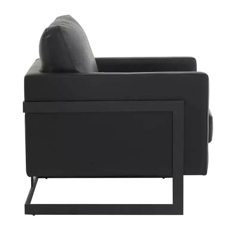 Fauteuil en cuir Moderne rembourré avec cadre en acier noir, Fauteuil confortable pour salon, chambre, bureau