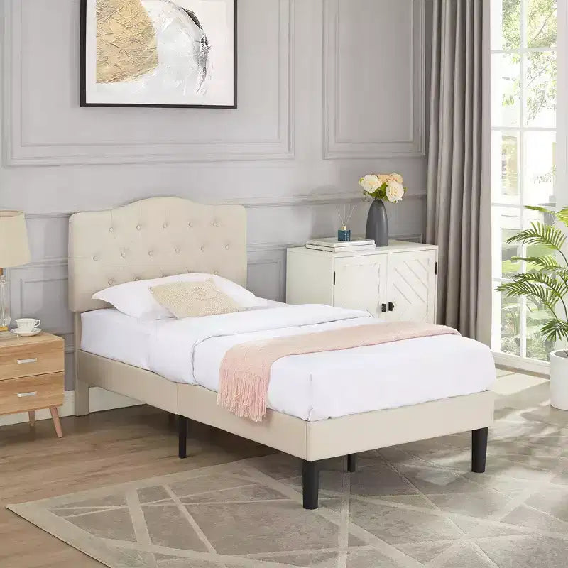 Lit rembourré avec plateforme en bois et tête de lit réglable en velours, pas besoin de sommier tapissier