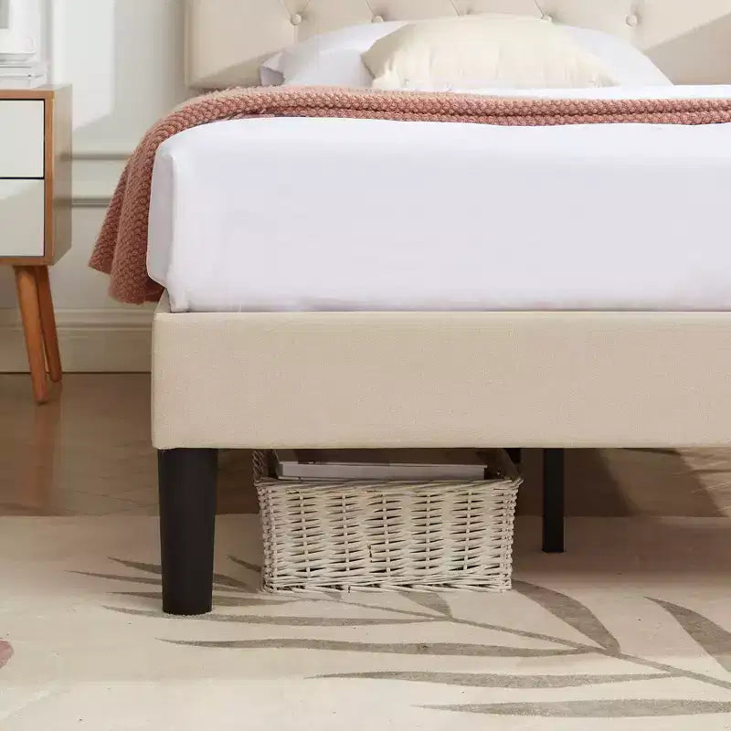 Lit rembourré avec plateforme en bois et tête de lit réglable en velours, pas besoin de sommier tapissier