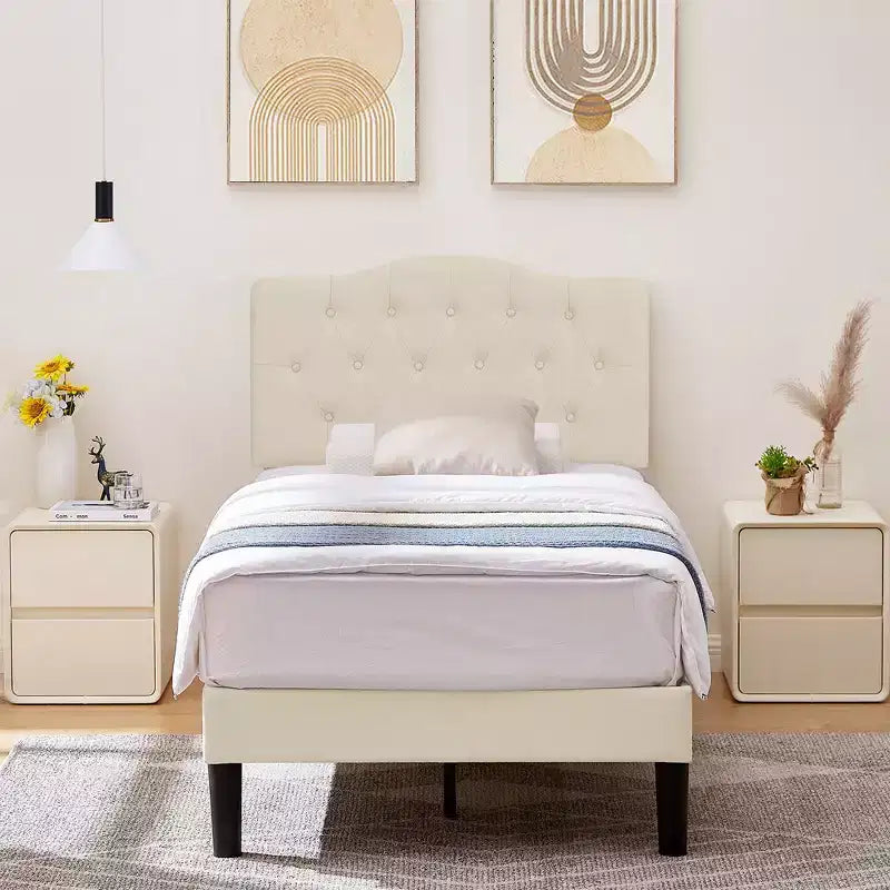 Lit rembourré avec plateforme en bois et tête de lit réglable en velours, pas besoin de sommier tapissier