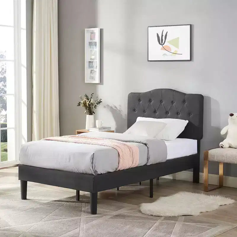 Lit rembourré avec plateforme en bois et tête de lit réglable en velours, pas besoin de sommier tapissier