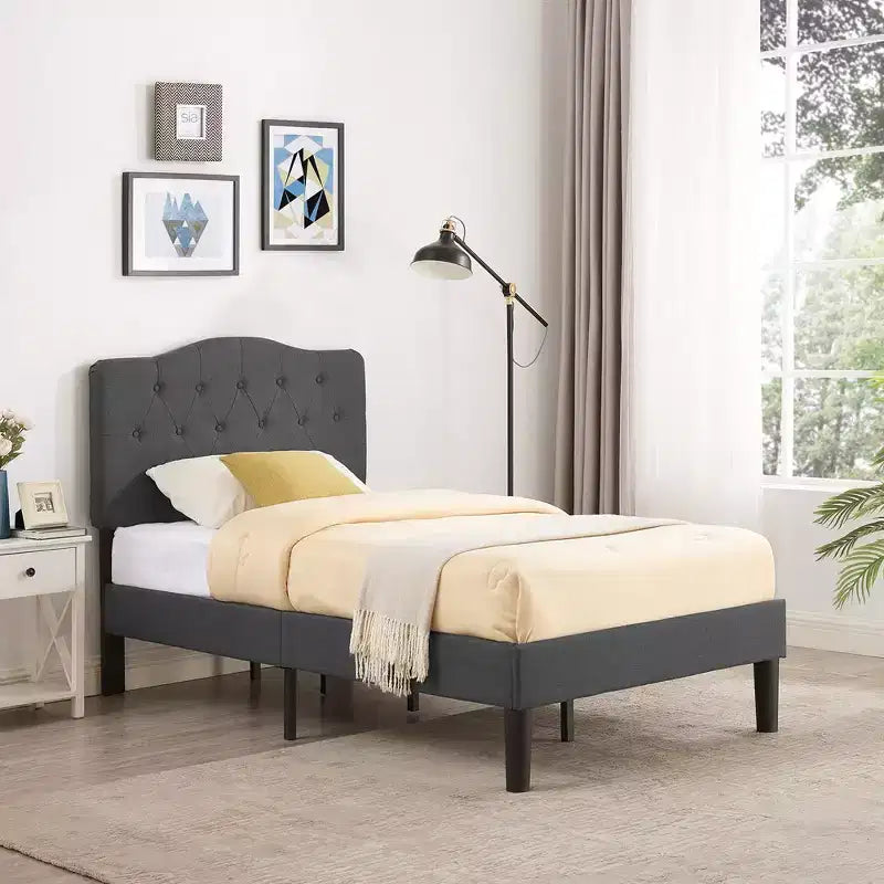 Lit rembourré avec plateforme en bois et tête de lit réglable en velours, pas besoin de sommier tapissier
