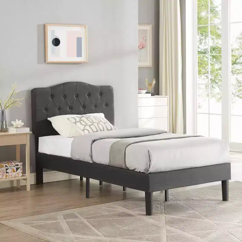 Lit rembourré avec plateforme en bois et tête de lit réglable en velours, pas besoin de sommier tapissier