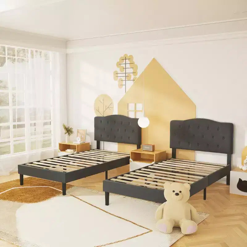 Lit rembourré avec plateforme en bois et tête de lit réglable en velours, pas besoin de sommier tapissier