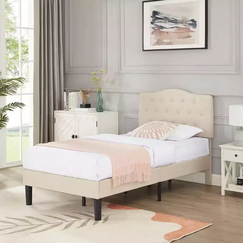 Lit rembourré avec plateforme en bois et tête de lit réglable en velours, pas besoin de sommier tapissier