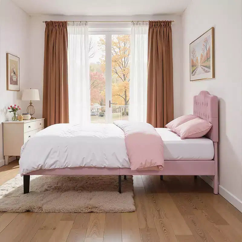 Lit rembourré avec plateforme en bois et tête de lit réglable en velours, pas besoin de sommier tapissier