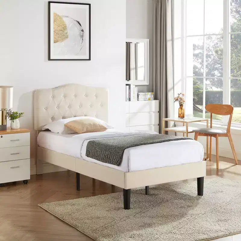 Lit rembourré avec plateforme en bois et tête de lit réglable en velours, pas besoin de sommier tapissier