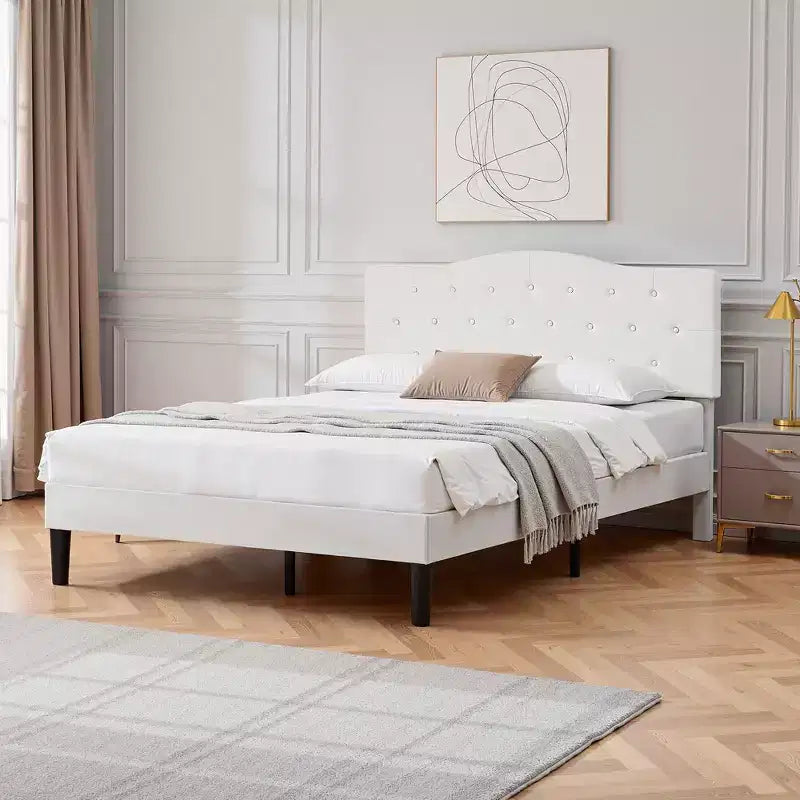Lit rembourré avec plateforme en bois et tête de lit réglable en velours, pas besoin de sommier tapissier